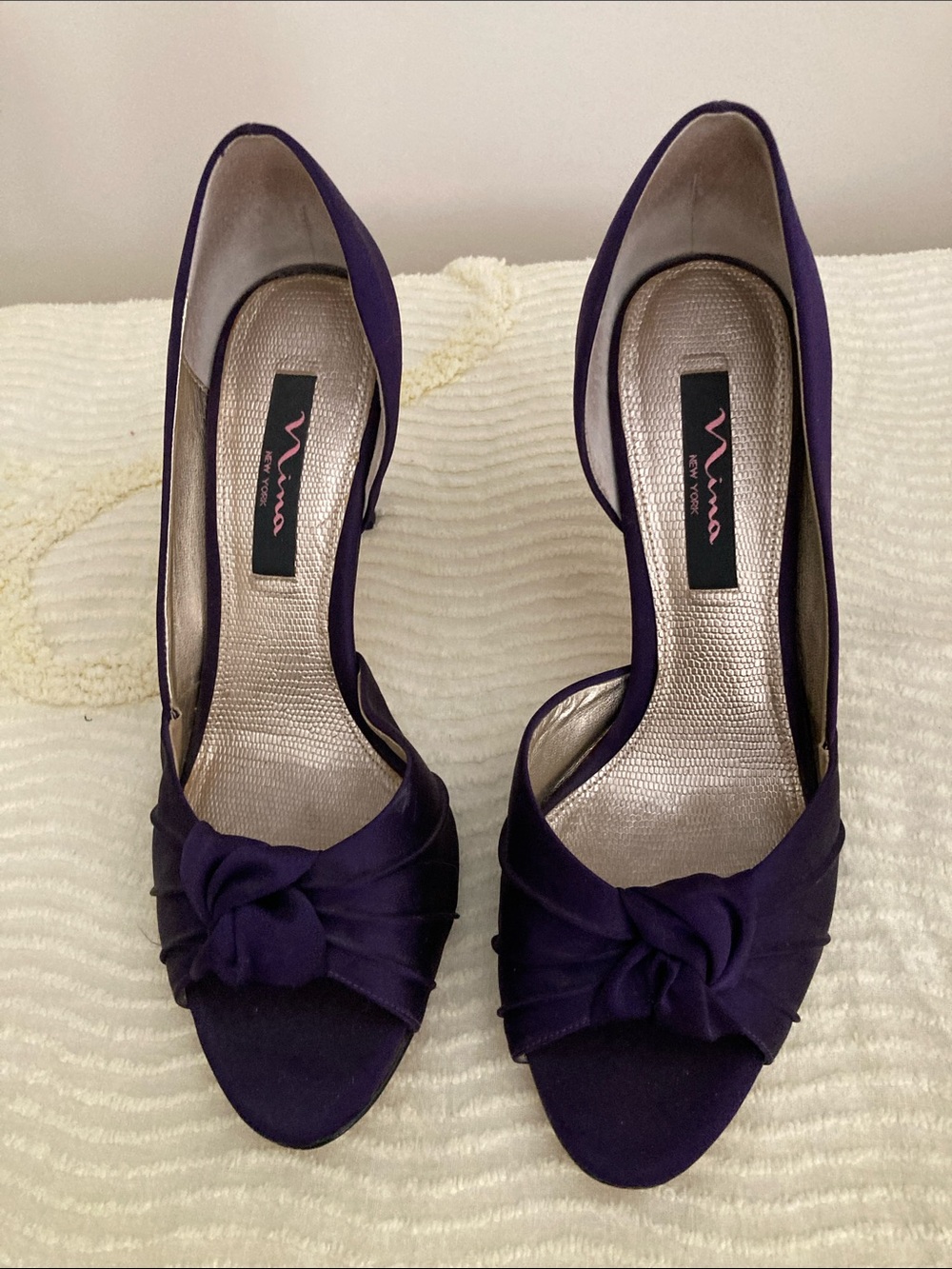 ANNA New York Purple Satin Peep-Toe Heels with Knot Accent
